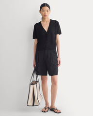 Lace Trim Cardigan in Fine Linen | Black