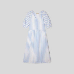 The Linen Oversized Puff-Sleeve Dress | Blue / White