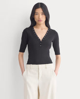 Luxe Rib V-Neck Henley | Black