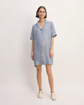 The Shirtdress in Linen | White / Blue