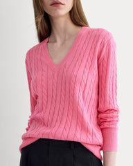 The Cable V-Neck in Cotton Cashmere | Deep Pink