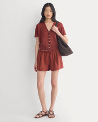 Lace Trim Cardigan in Fine Linen | Henna Red