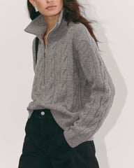 The Cable Half-Zip in Luxe Merino | Heathered Mid-Grey