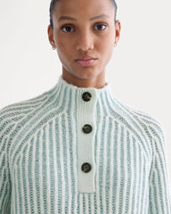 Funnel-Neck Ribbed Henley Sweater | Chalk Blue / Grey Mist Vertical Stripe