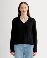 The Mesh Cable V-Neck in Everyday Cotton | Black