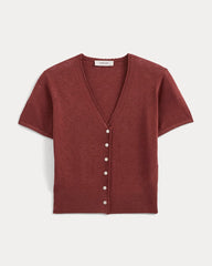 Lace Trim Cardigan in Fine Linen | Henna Red