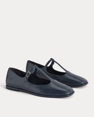 The Leather T-Strap Flat | Navy