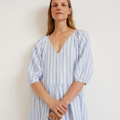 The Linen Oversized Puff-Sleeve Dress | Blue / White