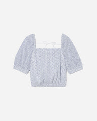 The Eyelet Puff Sleeve Top | Deep Blue / White