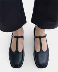 The Leather T-Strap Flat | Black