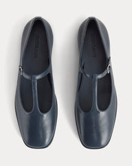 The Leather T-Strap Flat | Navy