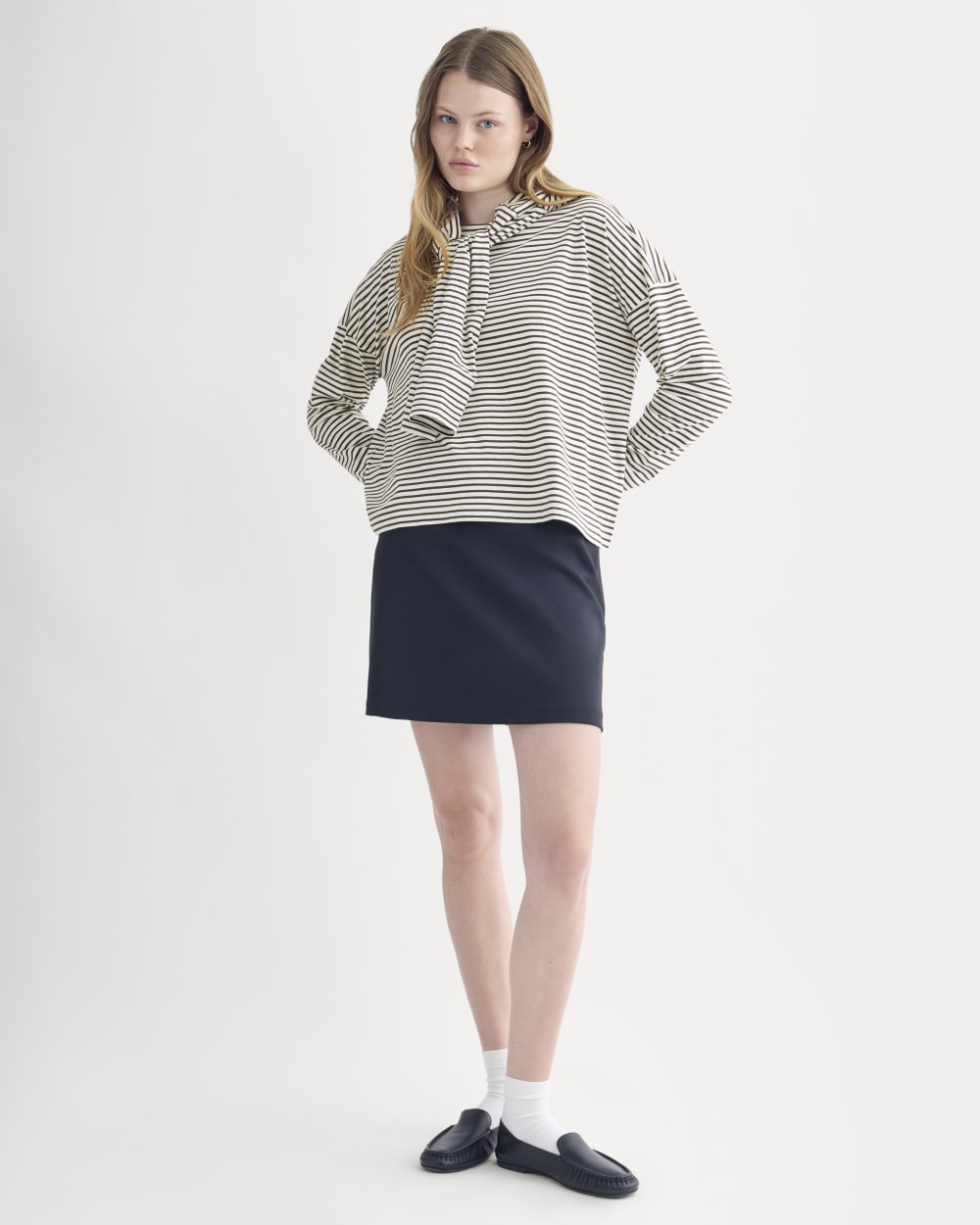 Oversized Boxy Crew in Essential Cotton | Bone / Pirate Black Stripe