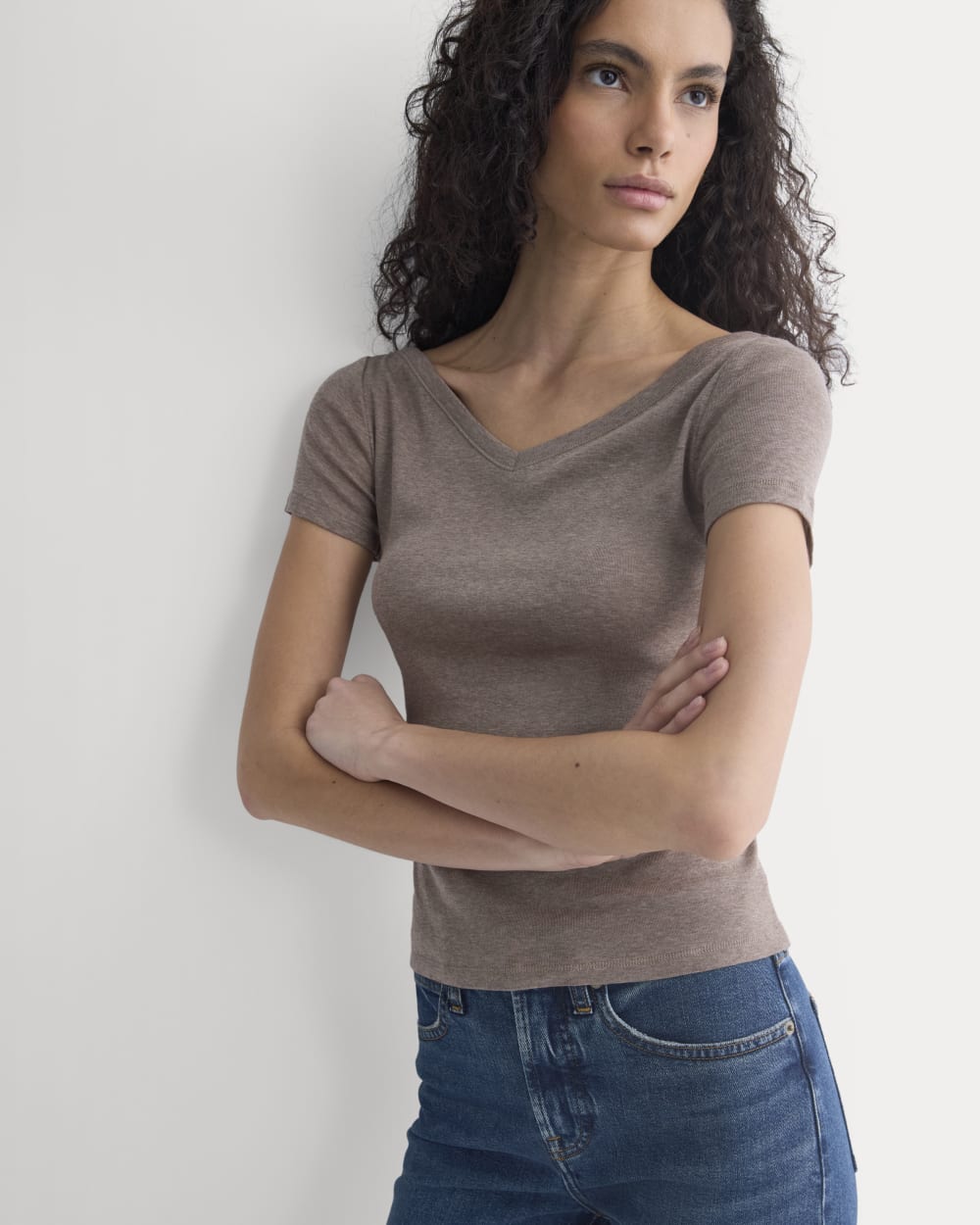Tissue Short-Sleeve V-Neck Top | Heathered Chocolate Chip