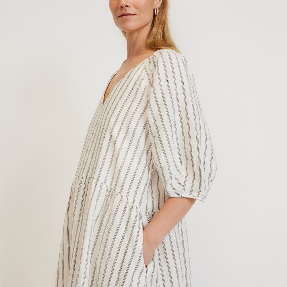 The Linen Oversized Puff-Sleeve Dress | Black / Canvas Tan