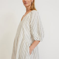 The Linen Oversized Puff-Sleeve Dress | Black / Canvas Tan