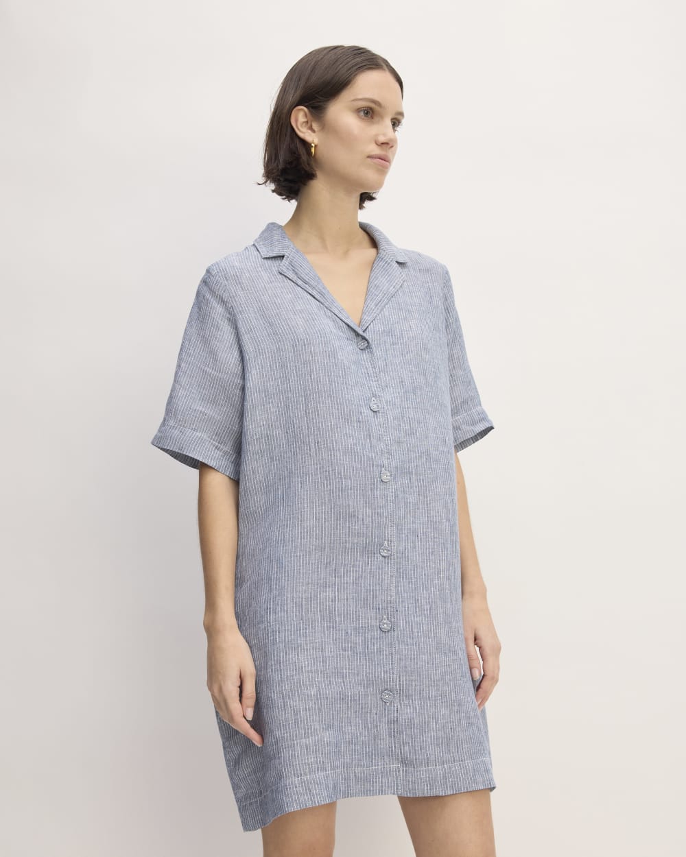 The Shirtdress in Linen | White / Blue