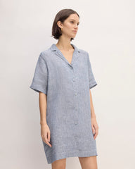 The Shirtdress in Linen | White / Blue