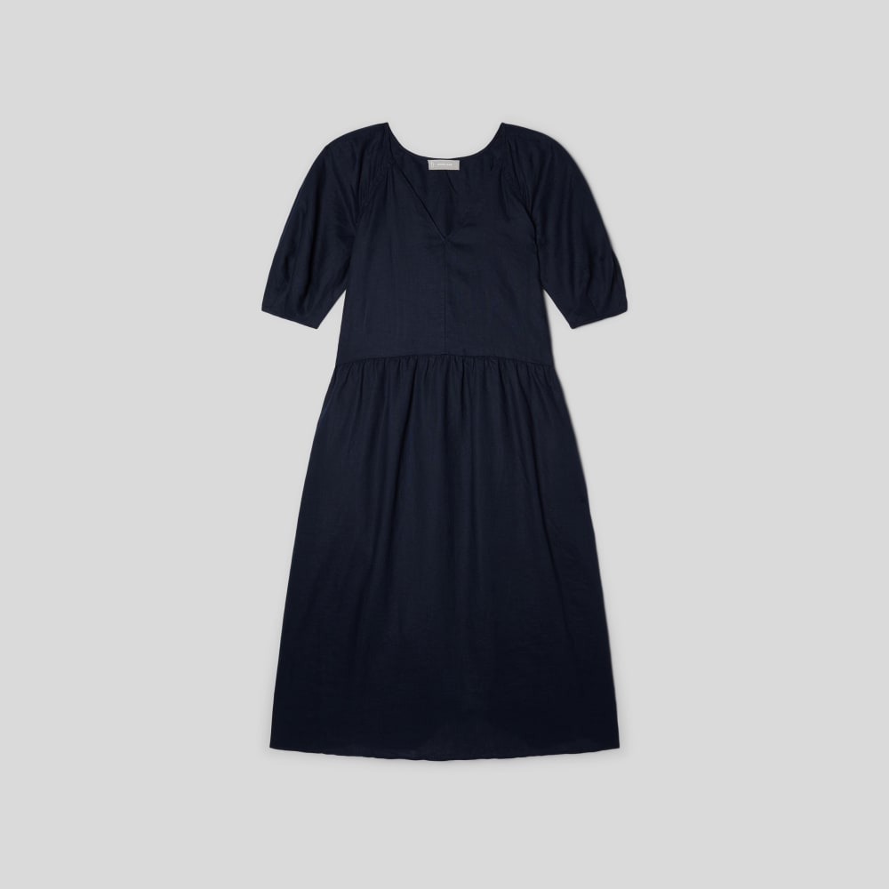 The Linen Oversized Puff-Sleeve Dress | Navy