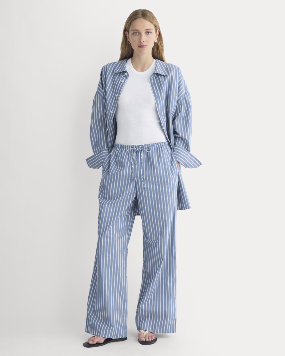 Wide-Leg Drawstring Pant in Washed Poplin | Dutch Blue / Bone