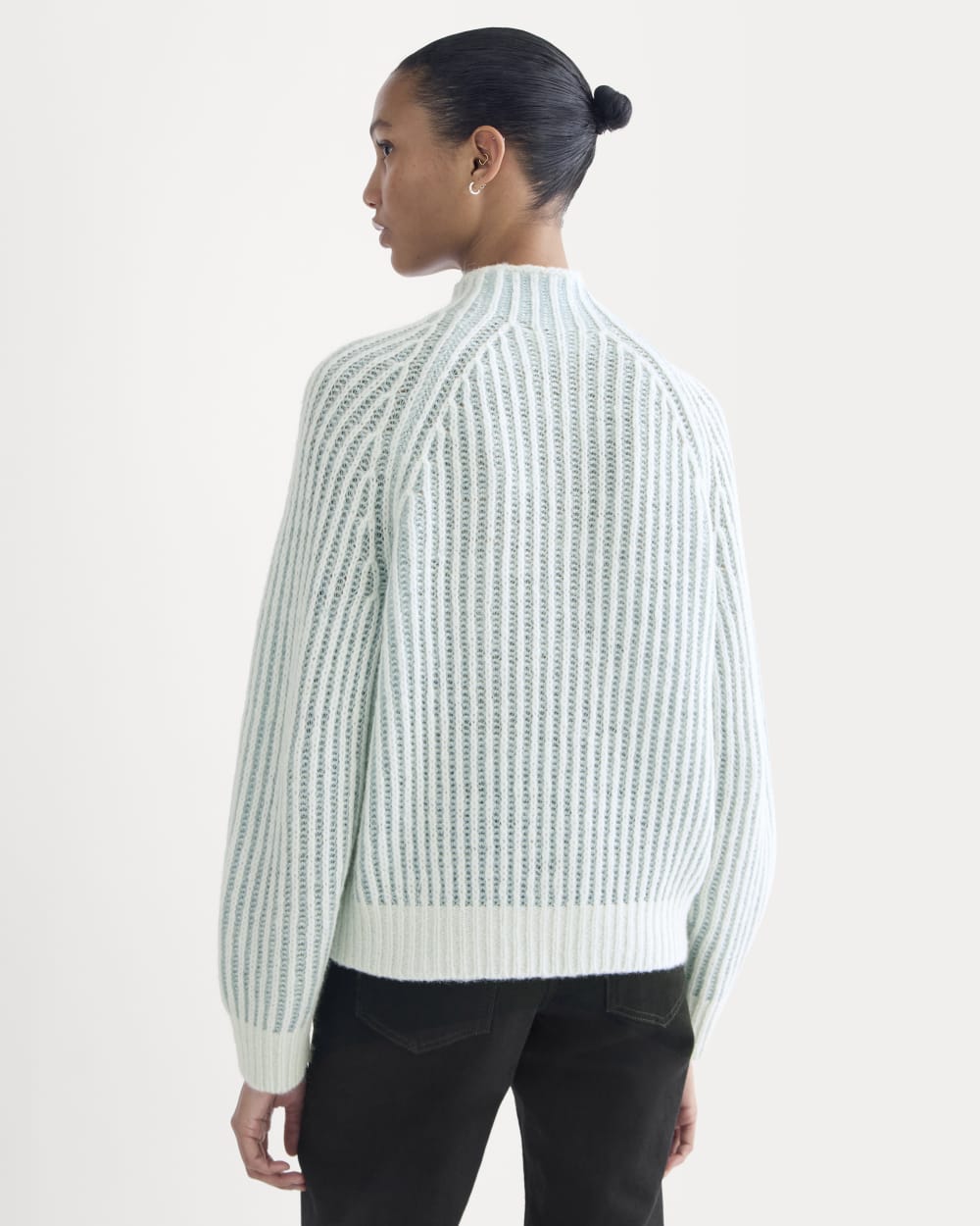 Funnel-Neck Ribbed Henley Sweater | Chalk Blue / Grey Mist Vertical Stripe