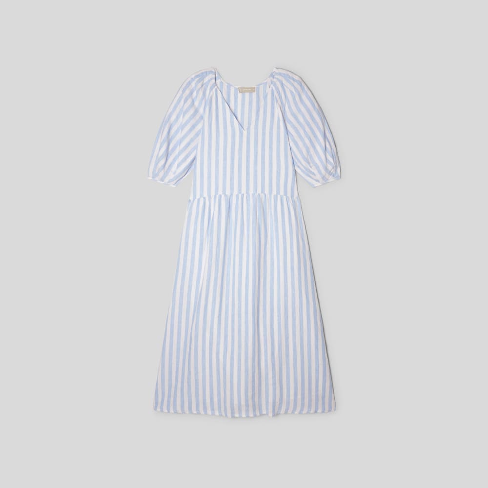 The Linen Oversized Puff-Sleeve Dress | Blue / White
