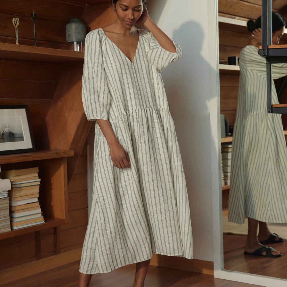 The Linen Oversized Puff-Sleeve Dress | Black / Canvas Tan