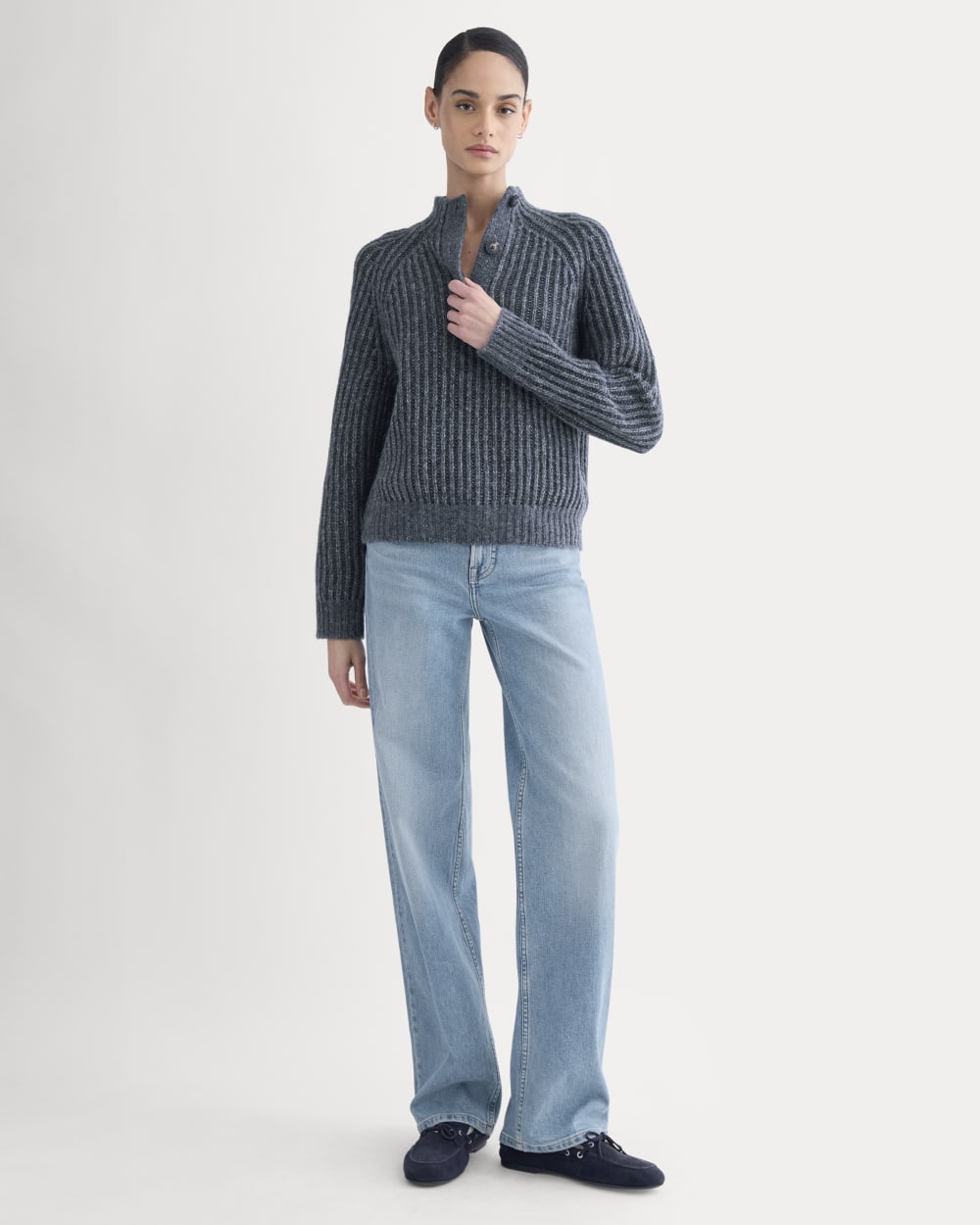 Funnel-Neck Ribbed Henley Sweater | Indigo