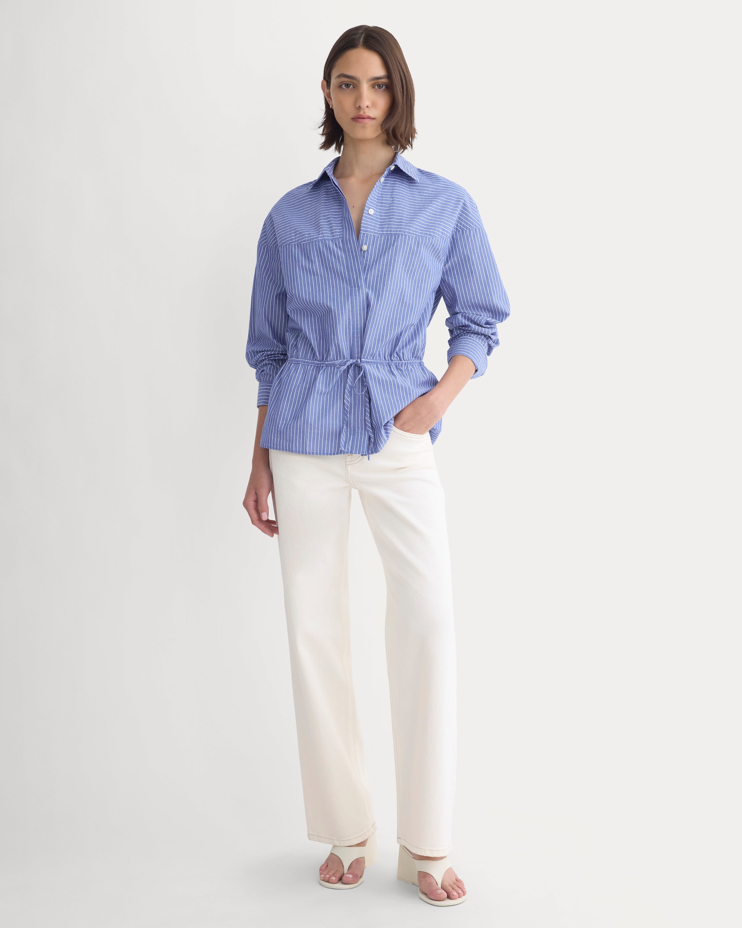 Oversized Cinched Shirt in Ultrasoft Cotton | Mazarine Blue / Optic White