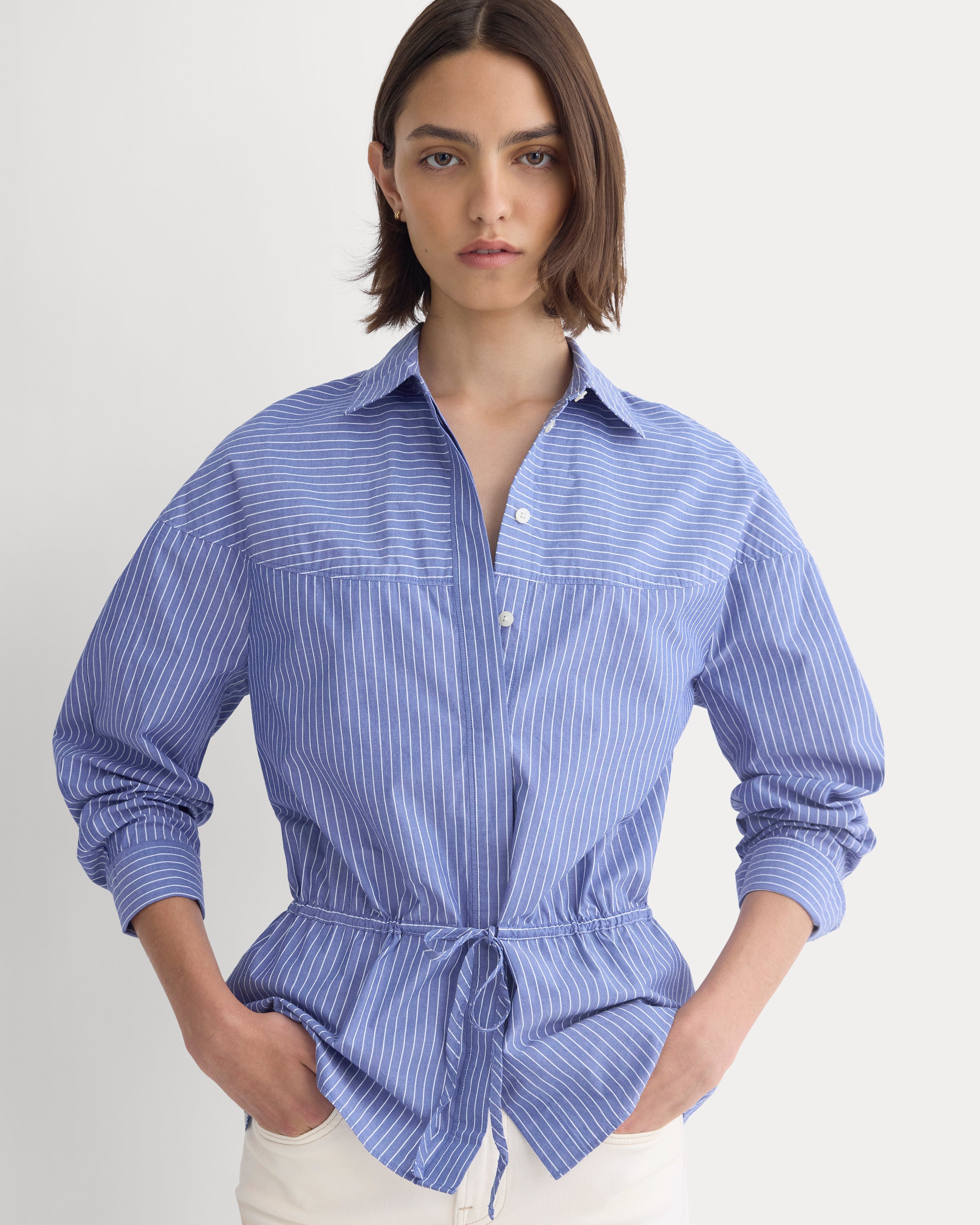 Oversized Cinched Shirt in Ultrasoft Cotton | Mazarine Blue / Optic White