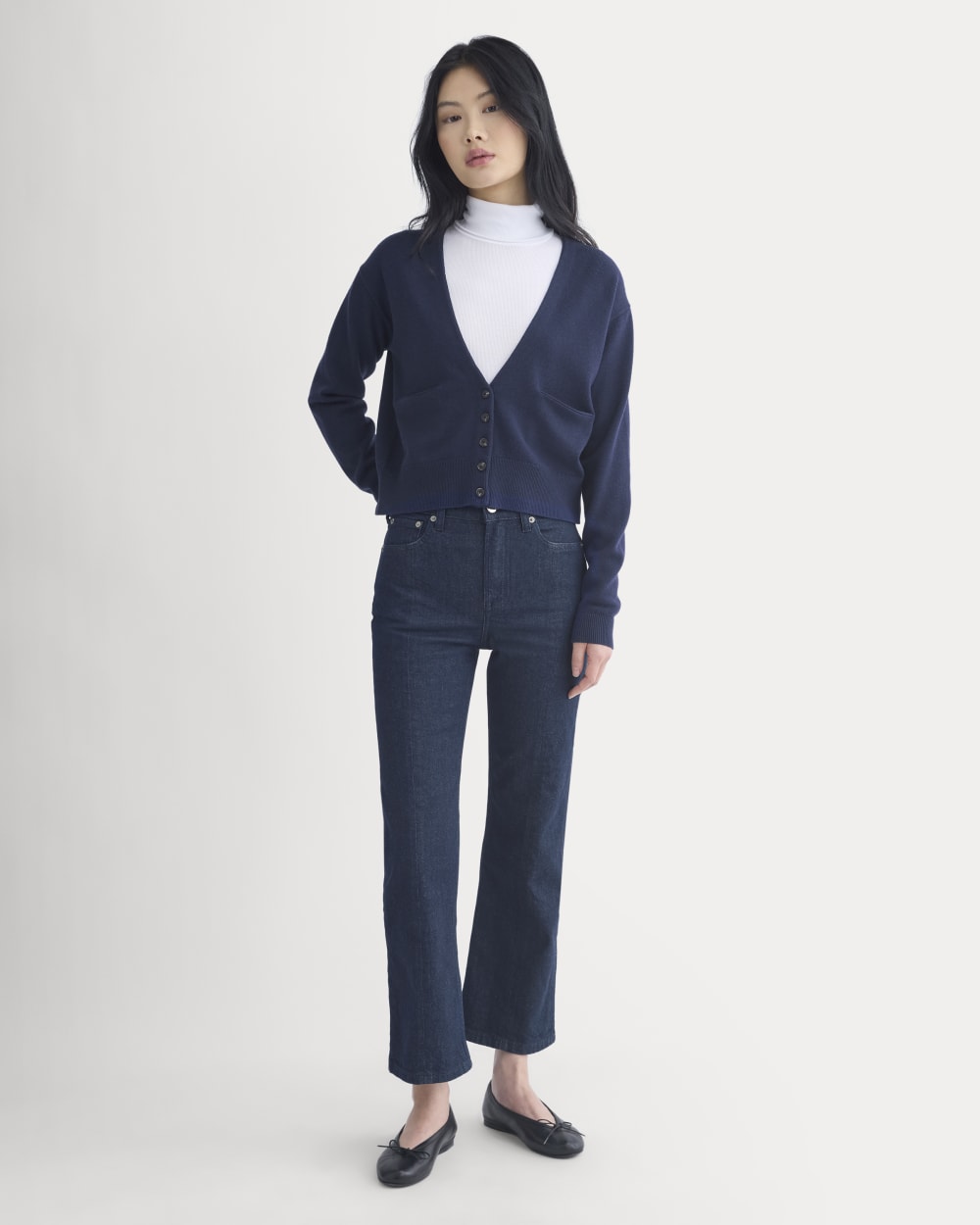 Deep V-Neck Cardigan in Cotton Merino | Navy