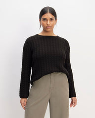 The Cotton Merino Cable Crew | Black
