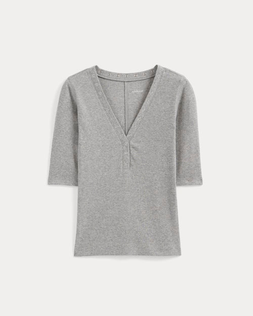 Luxe Rib V-Neck Henley | Heathered Light Grey