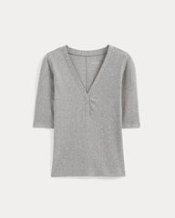 Luxe Rib V-Neck Henley | Heathered Light Grey