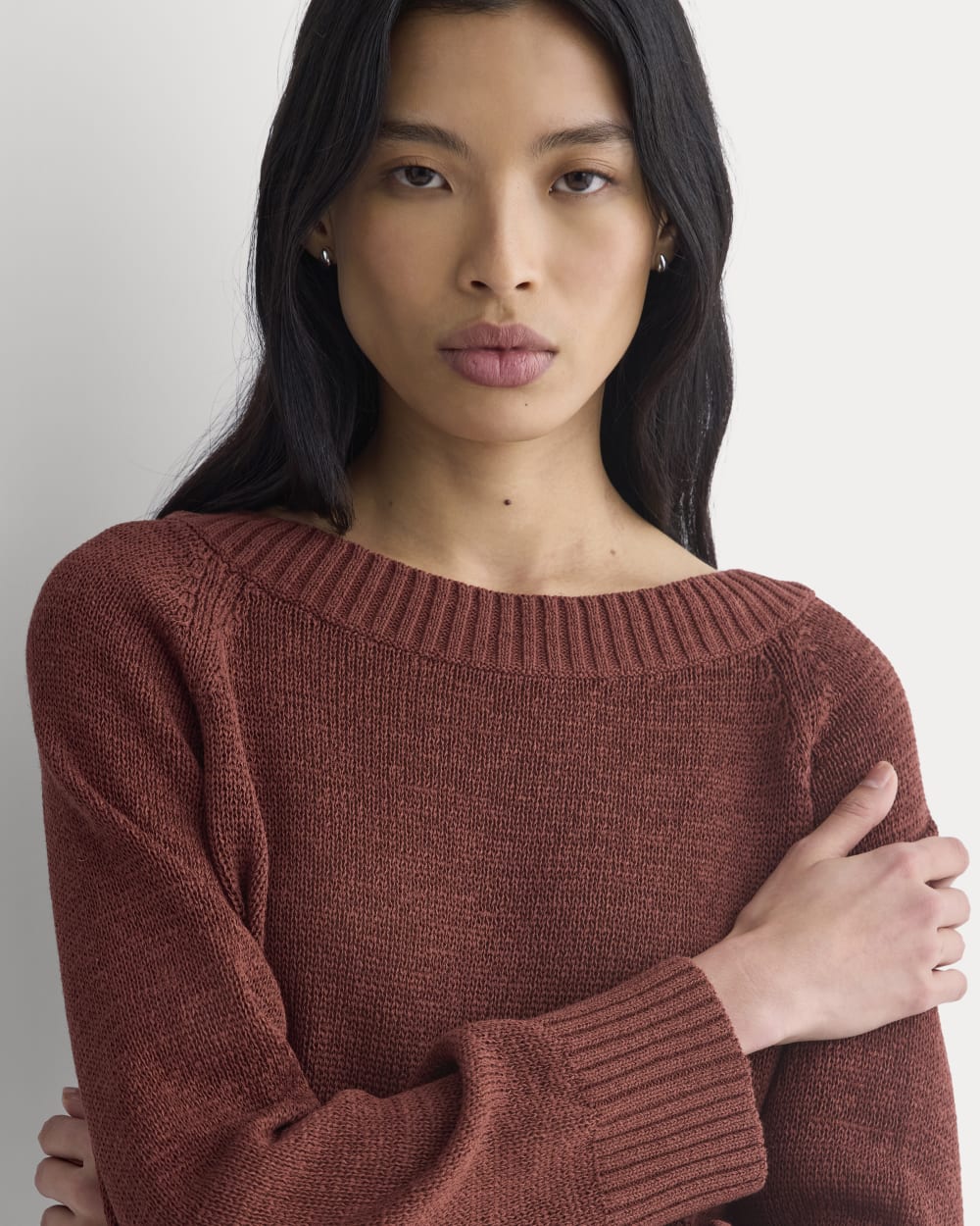 Wide-Neck Crew Sweater in Tape Yarn | Henna Red