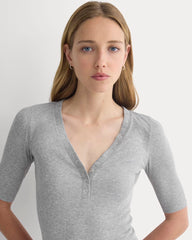 Luxe Rib V-Neck Henley | Heathered Light Grey