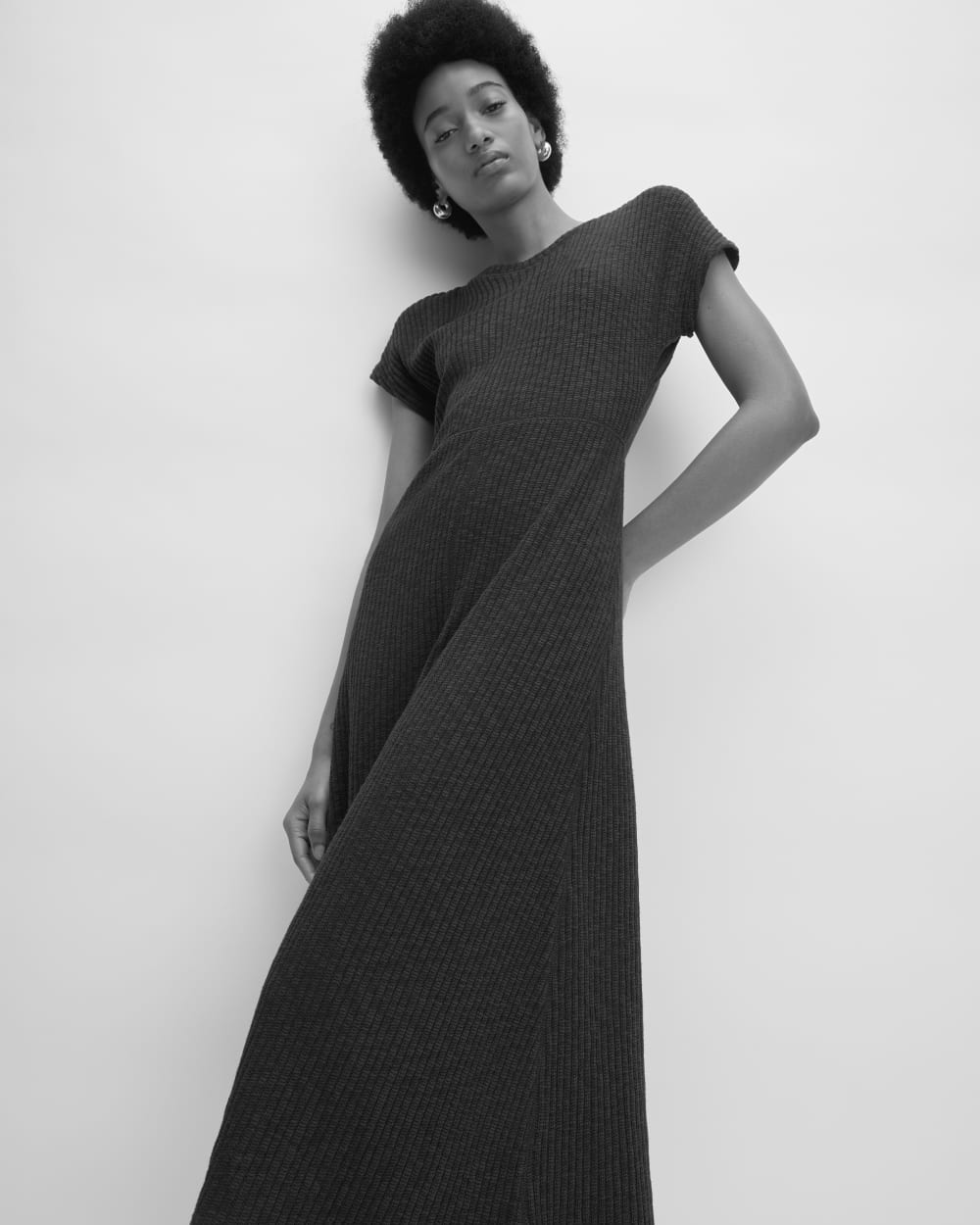 The Rib-Knit Cap-Sleeve Midi Dress | Black