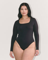 The Long-Sleeve Supima® Square-Neck Bodysuit | Black | Thong