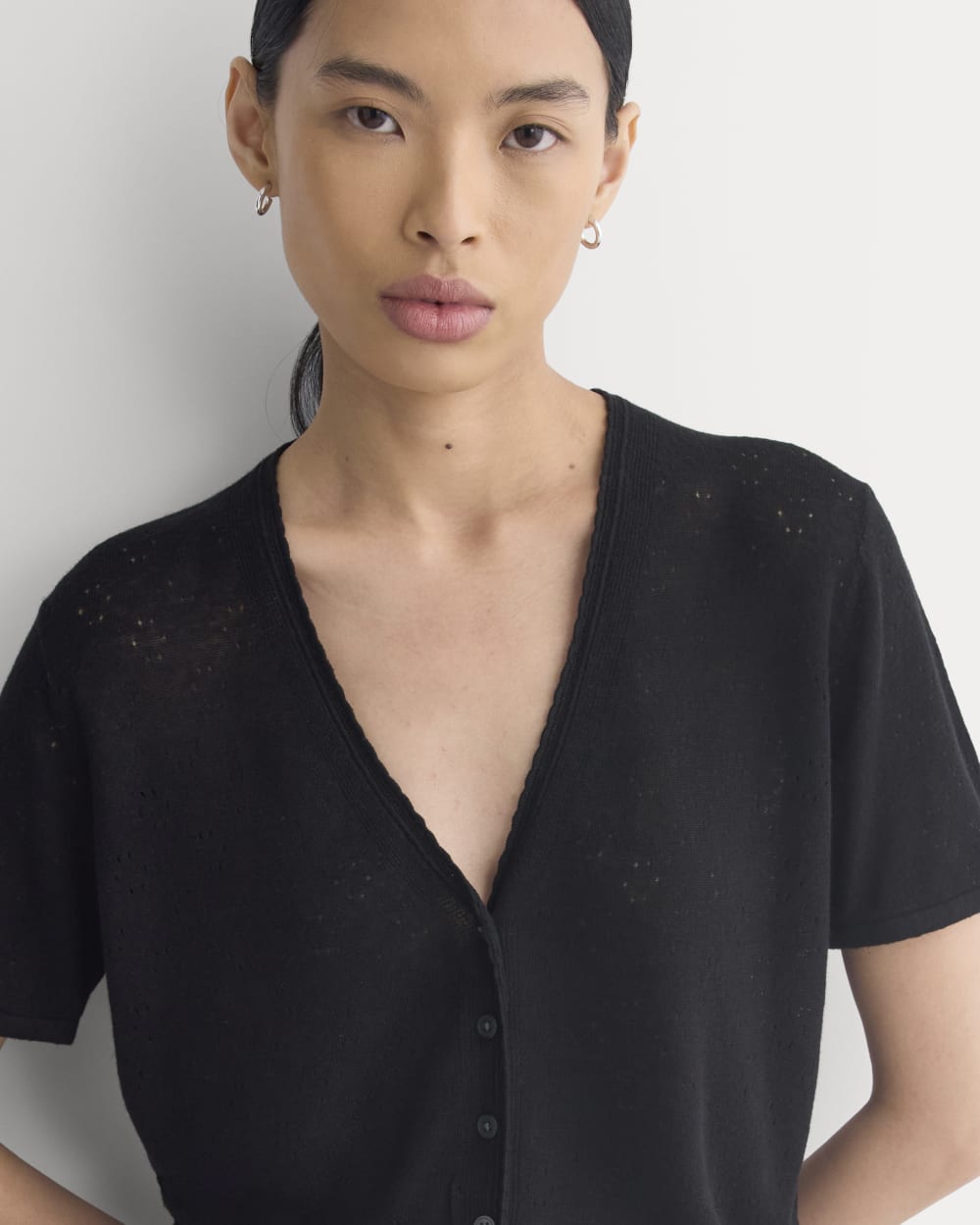 Lace Trim Cardigan in Fine Linen | Black