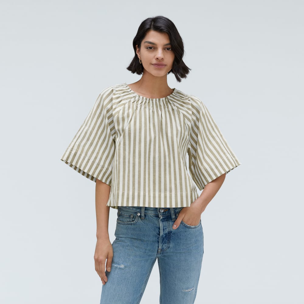 The Seersucker Gathered Tee | Nutria / Off-White