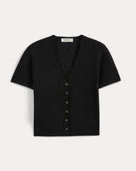 Lace Trim Cardigan in Fine Linen | Black