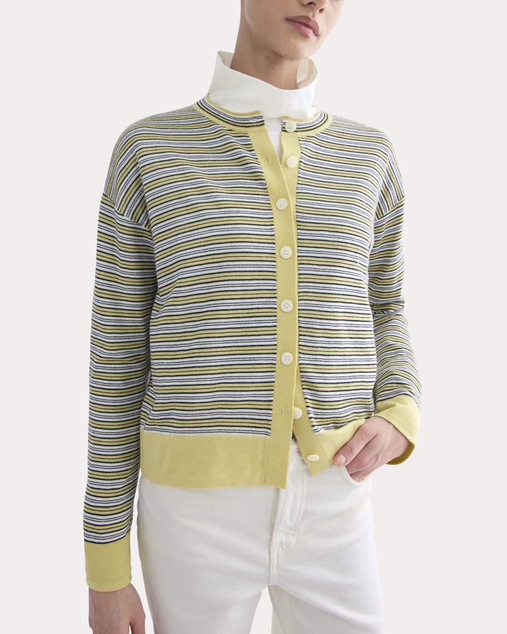Crew Cardigan in Ultrasoft Merino | Double Cream Multi Stripe