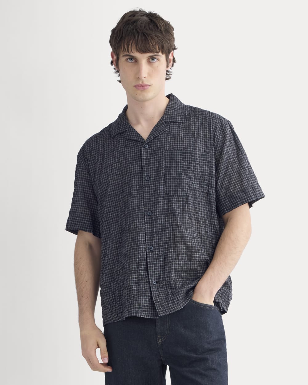 Textured Voile Resort Shirt | Black Plaid