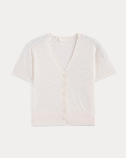 Lace Trim Cardigan in Fine Linen | Bone