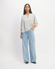 The Hammered Satin Balloon Sleeve Top | Bone / Black Polka Dot