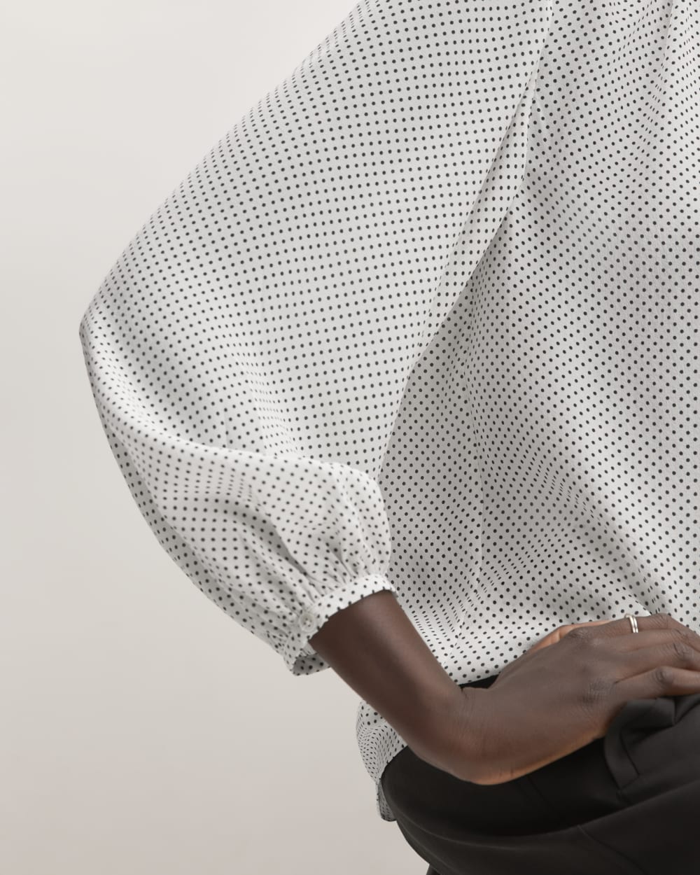 The Washable Clean Silk Shirred Blouse | Bone / Black Polka Dot