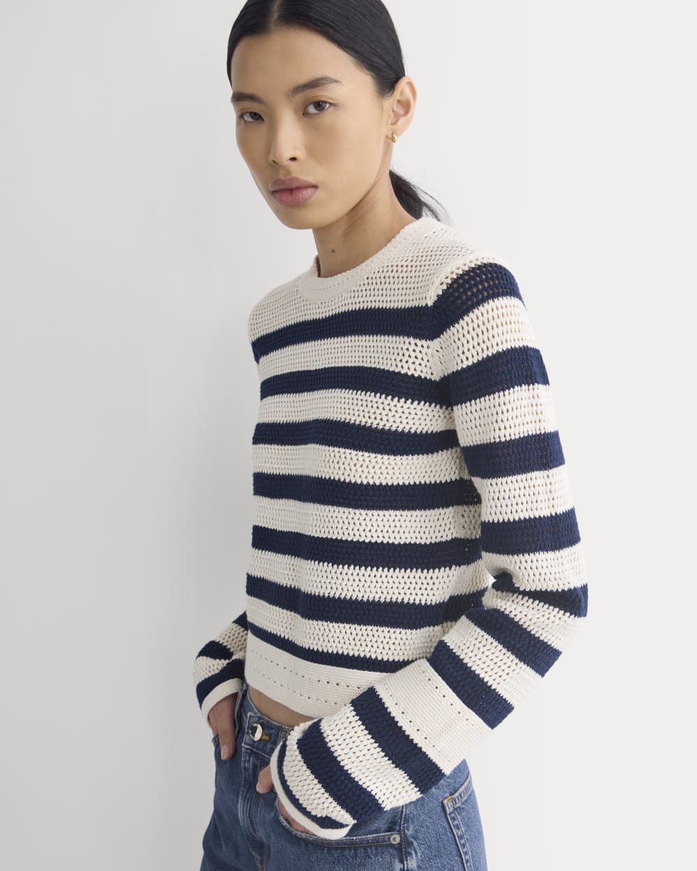 Open Knit Long-Sleeve Crew in Everyday Cotton | Canvas / Navy