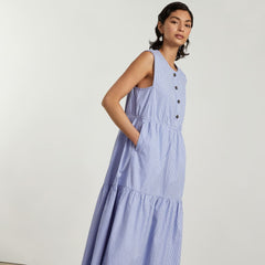 The Tiered Midi Dress | White / Blue Mini Stripe