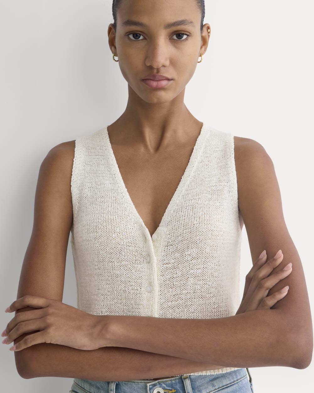 Button-Front Tank in Tape Yarn | Bone