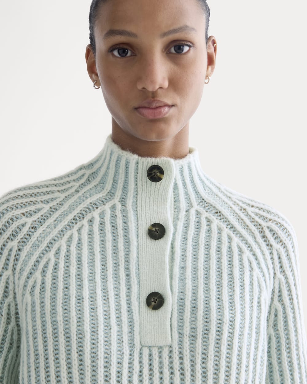 Funnel-Neck Ribbed Henley Sweater | Chalk Blue / Grey Mist Vertical Stripe
