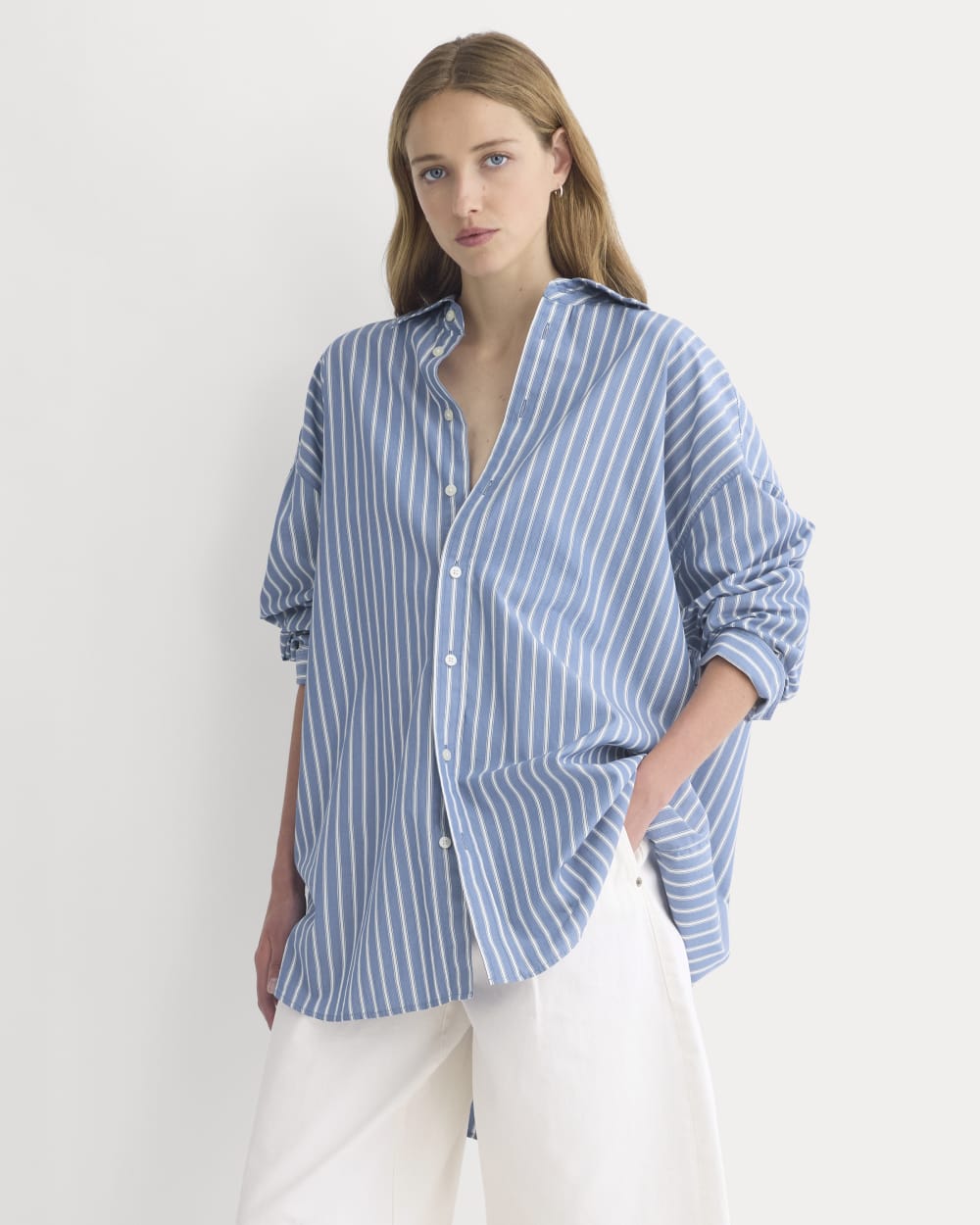 Back-Tie Oversized Shirt in Washed Poplin | Dutch Blue / Bone